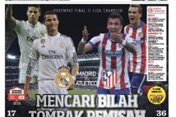 Cover Harian BOLA edisi Rabu (22/4/2015) tentang derbi Madrid.
