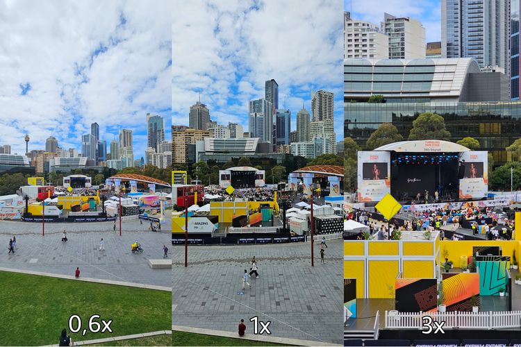 Potret panggung festival musik SXSW Sydney 2023 di taman Tumbalong dari jarak jauh. Foto ini diambil dengan kamera Galaxy S23 Ultra.
