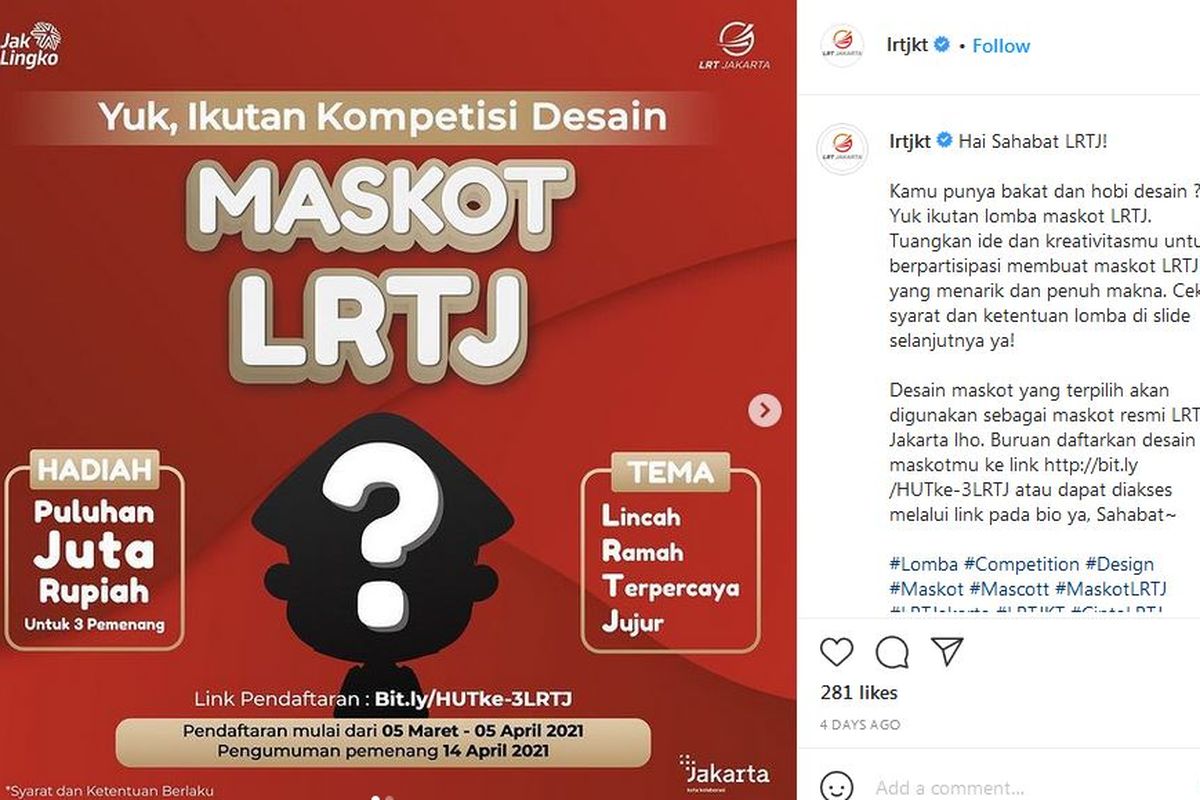 PT LRT Jakarta umumkan kompetisi desain maskot LRTJ