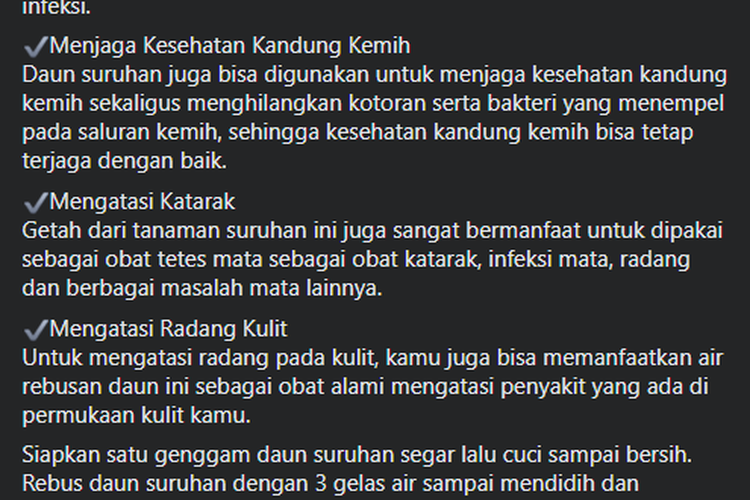 Tangkapan layar mengenai manfaat air rebusan daun sirih yang disebut dapat obati katarak.