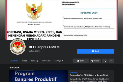 Halaman Facebook Ini Berisi Info BLT UMKM, Apakah Resmi dari Kemenkop?