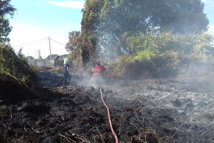 Petugas pemadam kebakaran kota Pekanbaru melakukan upaya pemadaman kebakaran lahan yang tidak jauh dari pemukiman warga di Pekanbaru