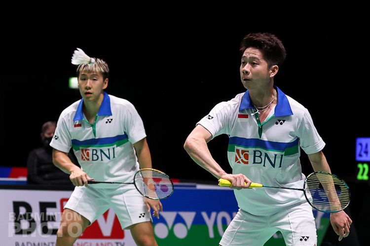 Marcus Fernaldi Gideon/Kevin Sanjaya Sukamuljo ketika menghadapi Matthew Clare/Ethan Van Leeuwen pada laga babak pertama All England 2021 di Utilita Arena Birmingham, Rabu (17/3/2021) malam WIB.