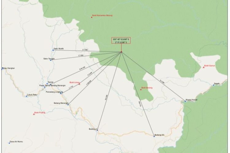 Peta lokasi kecelakaan halikopter yang ditumpangi Kapolda Jambi Irjen Pol Rusdi Hartono dan rombongan di Kerinci, Minggu (19/2/23).