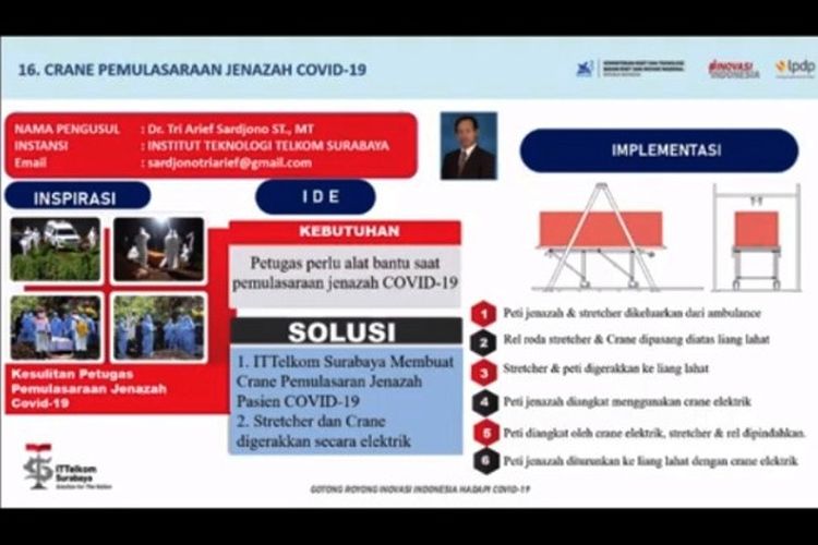 Tangkapan layar crane inovasi salah satu pemenang pada Covid-19 INA IDEAthon gelaran Kemenristek/BRIN.