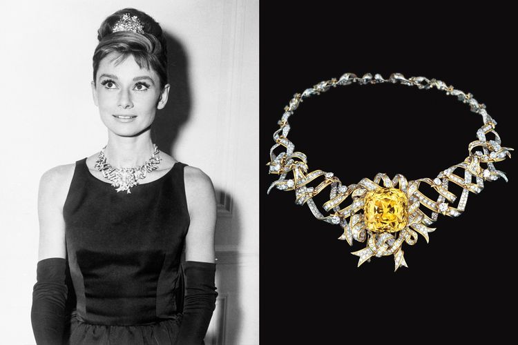 Audrey Hepburn saat memakai Tiffany Fancy Yellow Diamond tahun 1961