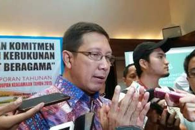 Menteri Agama Lukman Hakim Saifuddin dalam acara peluncuran survei nasional Kerukunan Umat Beragama 2015 di Hotel Sari Pan Pacific, Jakarta Pusat, Rabu (10/2/2016)