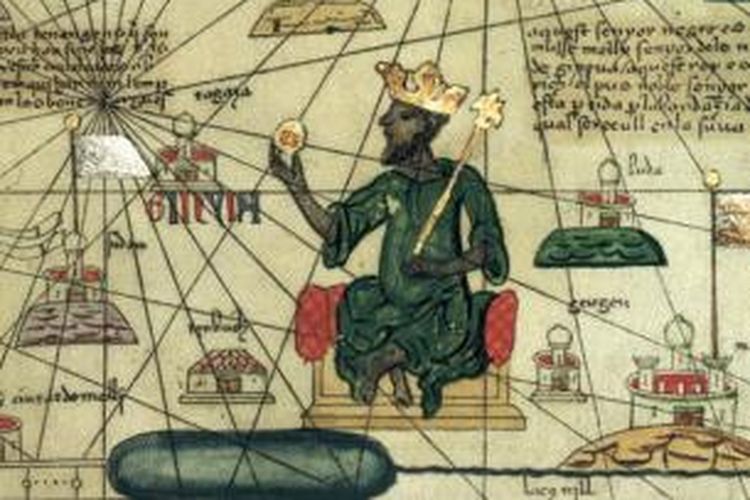 Sebuah penggambaran Mansa Musa, penguasa Kekaisaran Mali yang dimuat dalam Peta Dunia Catalan 1375 yang dibuat Abraham Cresques de Mallorca. Dalam lukisan ini Mansa Musa digambarkan memegang bongkahan emas dan mahkota bergaya Eropa.
