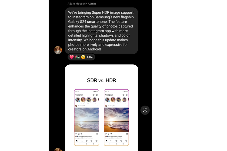 Penjelasan Head of Instagram Adam Mosseri seputar fitur Super HDR di Samsung S24 series. Mosseri juga menunjukkan perbandingan antara foto SDR dan HDR