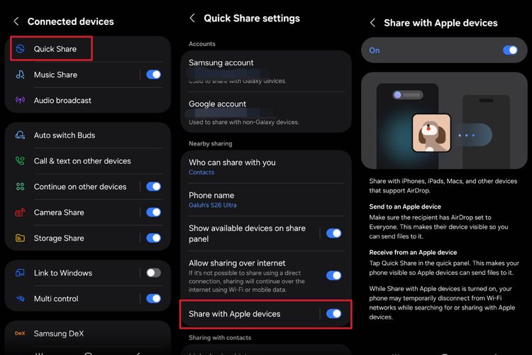 Pengguna HP Samsung hanya perlu mengaktifkan opsi berbagi ke perangkat Apple (share with Apple devices) di menu Quick Share. Ini hanya perlu diaktifkan sekali saja.
