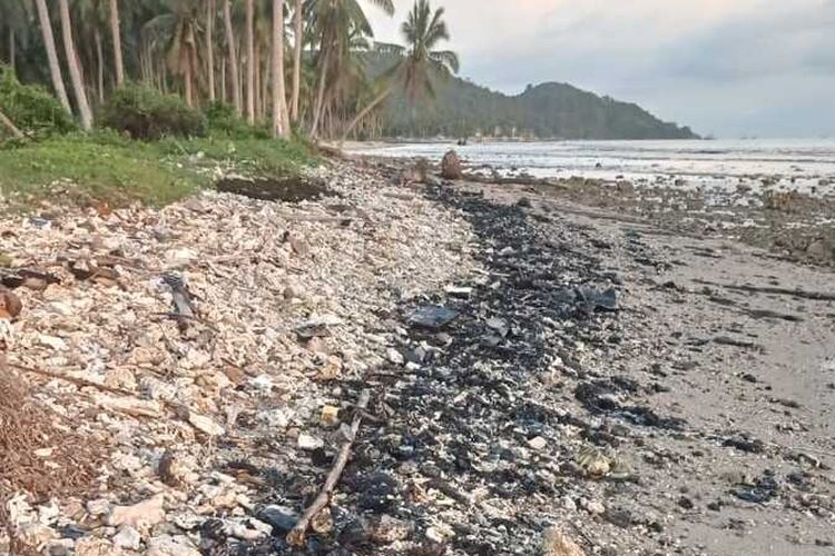 Limbah yang diduga aspal menutupi sebagian besar bibir pantai di Pesisir Teluk Lampung.