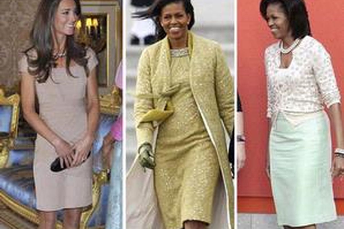 Terusan Reiss Shola yang dikenakan Catherine saat bertemu dengan Michelle Obama di kunjungan kenegaraan di Inggris, menandingi pesona fashion Michelle. 