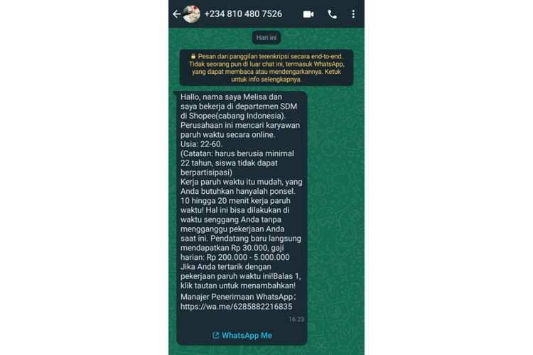 Tangkapan layar aksi penipuan yang kerap muncul melalui WhatsApp.