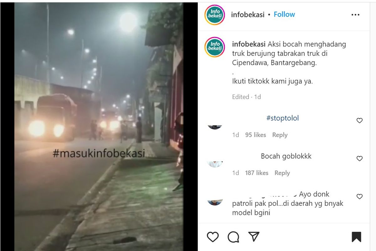 Video viral menunjukkan sekumpulan bocah mencoba mengadang truk sampah di Flyover Cipendawa, Kota Bekasi, Kamis (7/7/2022) dini hari. Sopir truk yang diadang mengerem kendaraannya untuk menghindari para bocah itu, lalu truk tersebut tertabrak truk di belakangnya.