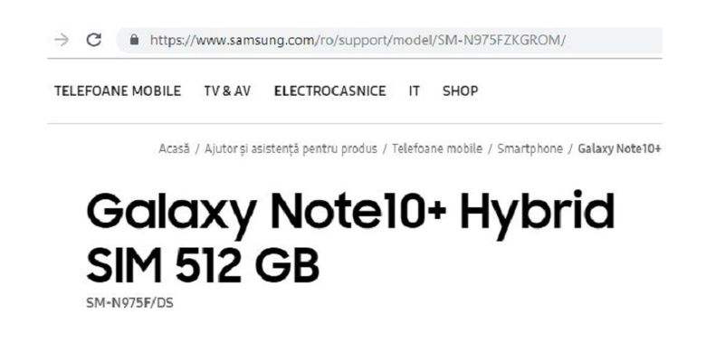 Tangkapan layar situs resmi Samsung Rumania yang menguak nama Galaxy Note 10 Plus.