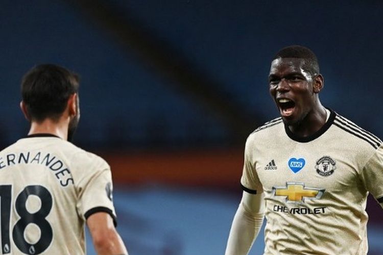 Ekspresi Paul Pogba dalam laga Aston Villa vs Manchester United pada pekan ke-34 Liga Inggris 2019-2020.