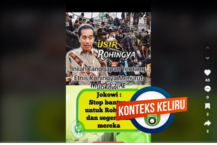 Tangkapan layar TikTok narasi yang menyebur Jokowi mengatakan akan menghentikan bantuan dan mengusir pengungsi Rohingya