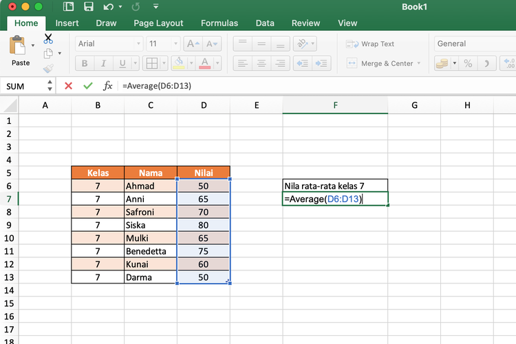 Ilustrasi cara menghitung rata-rata di Excel dengan memasukkan data dari rentang tertentu.