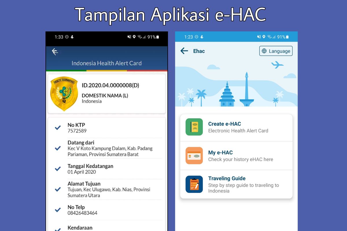 Tampilan aplikasi e-HAC versi lama (kiri) dan e-HAC yang terintegrasi denga aplikasi PeduliLindungi (kanan).