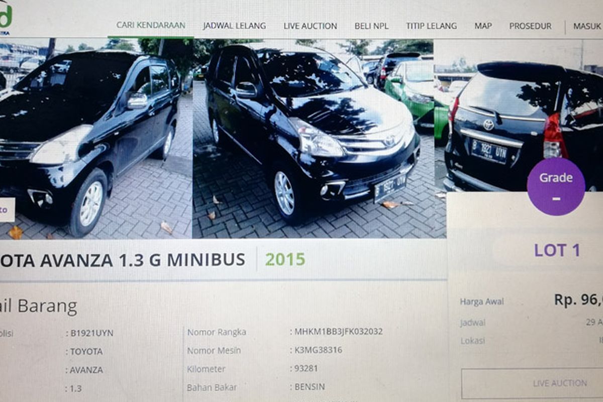 tangkapan layar mobil bekas di Ibid-balai lelang serasi