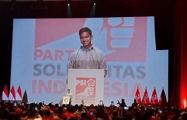Momen Pertama Kaesang Pangarep sebagai Ketua Umum PSI Pidato dihadapan kader, Djakarta Theater, Jakarta Pusat, Senin (25/9/2023).