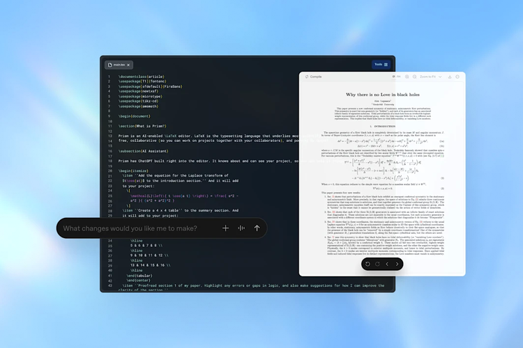Platform Prism yang berbasis LaTeX workspace untuk para peneliti ilmiah, dosen, dan mahasiswa.
