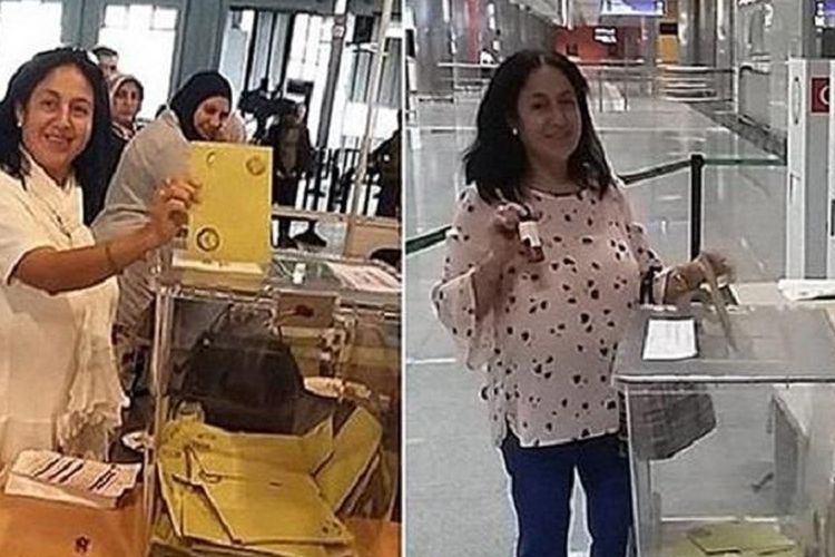 Foto perempuan yang kedapatan menggunakan hak pilihnya dua kali saat pemilu bagi diaspora Turki 7-19 Juni lalu.