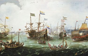 Lukisan yang menggambarkan kapal-kapal Belanda ?Overijssel?, ?Vriesland?, ?Mauritius? dan ?Hollandia? kembali ke Amsterdam dari ekspedisi kedua mereka di East Indies (Indonesia) pada 1599. Lukisan dibuat oleh Andries van Eertvelt berdasarkan lukisan gurunya, Hendrick Cornelisz Vroom (1566-1640) yang diabadikan di Rijksmuseum, Amsterdam.