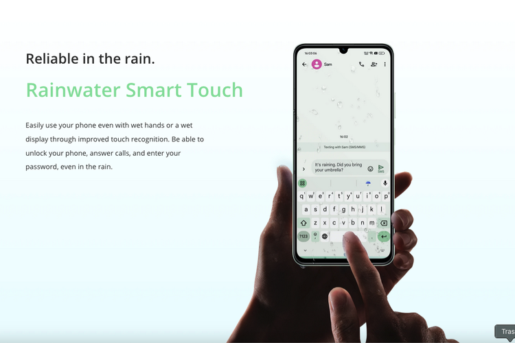 Ilustrasi layar Realme Note 60X yang tetap bisa diakses dalam kondisi tangan basah, terkena cipratan air, atau tetesan air hujan karena sudah mengantongi sertifikasi IP54.