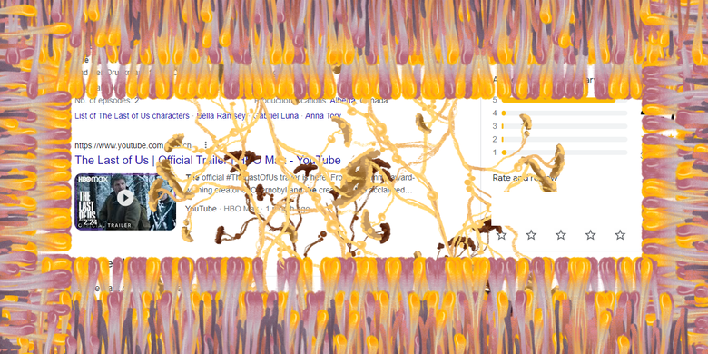 Tangkapan layar ilustrasi jamur Cordyceps saat mengetik keyword The Last of Us di Google. Saat ikon jamur diklik, ilustrasi spora akan terus bermunculan hingga memenuhi layar.