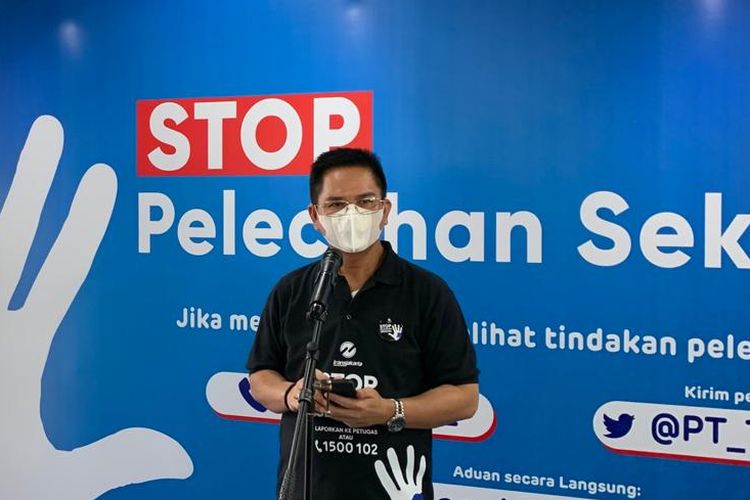 Kepala Dinas Perhubungan DKI Jakarta Syafrin Liputo menghadiri kampanye Stop Pelecehan Seksual di ruang lingkup transportasi umum transjakarta di Halte Busway Harmoni, Jakarta Pusat, Jumat (5/8/2022).