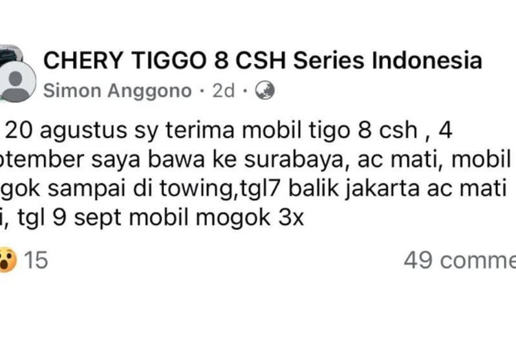 Salah satu keluhan konsumen pengguna Chery Tiggo 8 CSH