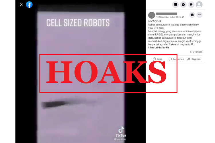 Tangkapan layar unggahan dengan narasi hoaks di sebuah akun Facebook, Minggu (13/11/2022), soal video microchip robot yang terdapat dalam vaksin Covid-19.