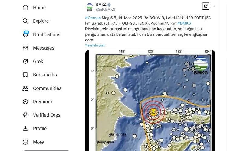 Gempa Magnitudo 5,5 Guncang Toli-toli Sulteng