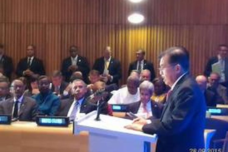 Wakil Presiden Jusuf Kalla saat berpidato di hadapan para pemimpin dunia di Peacekeeping Summit di Markas Besar PBB, New York, Amerika Serikat, Senin (28/9).
