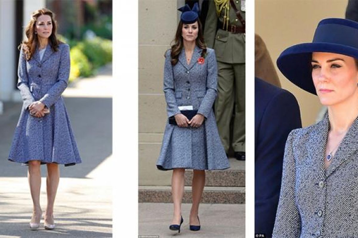 (ki-ka) Kate Middleton mengenakan mantel abu-abu Michael Kors pada tahun 2014, 2016, dan 2017. 