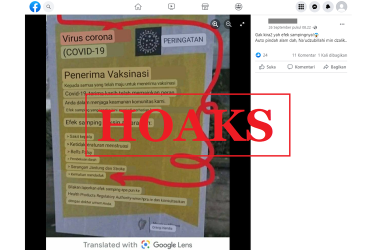 Tangkapan layar unggahan dengan narasi hoaks di sebuah akun Facebook, Senin (26/9/2022), soal poster peringatan kematian mendadak akibat efek samping vaksin Covid-19.