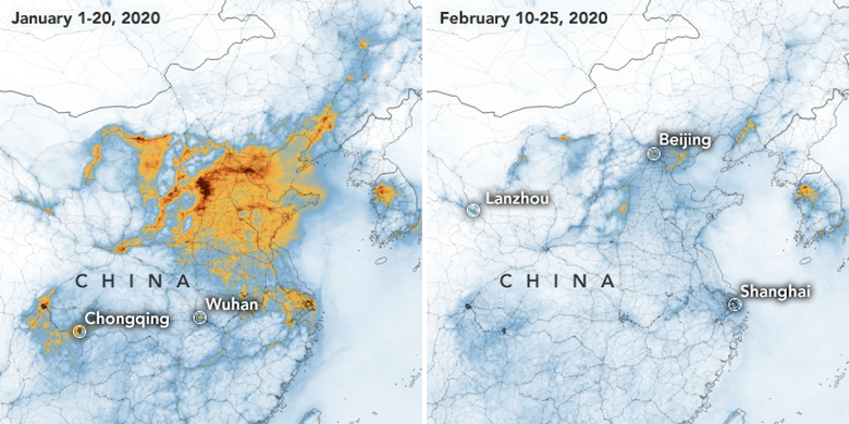 Polusi nitrogen dioksida di atas China turun, hasil citra satelit Sentinel-5P milik ESA. Perbandingan polusi pada Januari 2020 dan Februari 2020.