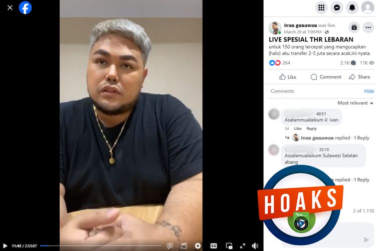 Tangkapan layar konten hoaks di sebuah akun Facebook, Jumat (29/3/2024), soal akun Facebook mengatasnamakan Ivan Gunawan yang menawarkan THR Lebaran dan donasi dengan tebak angka.