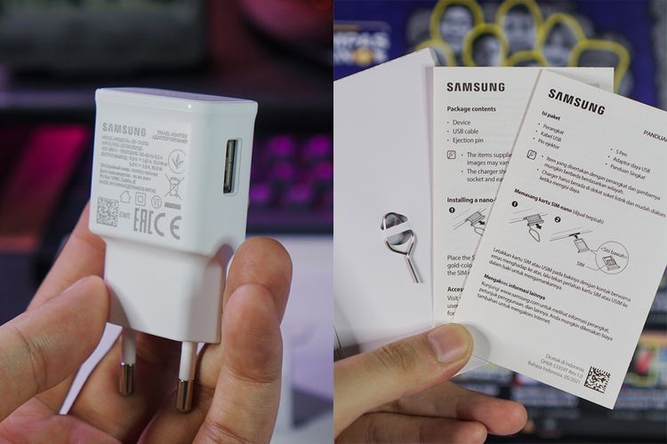 Charger bawaan di kemasan Galaxy Tab S7 FE 5G (foto kiri) memiliki output 15 watt, namun perangkat ini sebenarnya mendukung fast charging dengan daya hingga 45 watt
