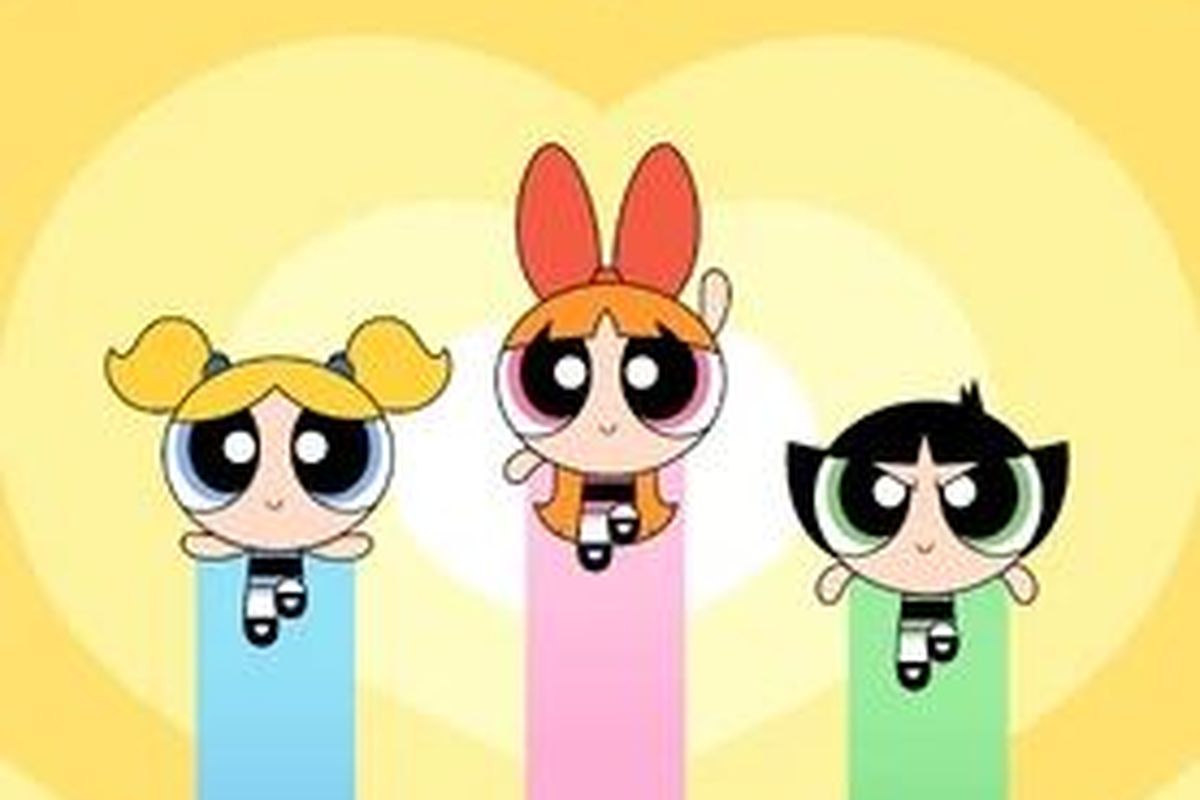 Karakter Powerpuff Girls, menampilkan Bubbles (kiri), Blossom (tengah), dan Buttercup (kanan).