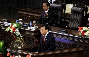 Ketua DPR Republik Indonesia Setya Novanto memberikan pidato pada pembukaan Konferensi Asia Afrika di Gedung Parlemen, Jakarta, Kamis (23/4/2015). Konferensi Asia Afrika ke-60 akan berlangsung hingga 24 April mendatang. KOMPAS IMAGES/KRISTIANTO PURNOMO