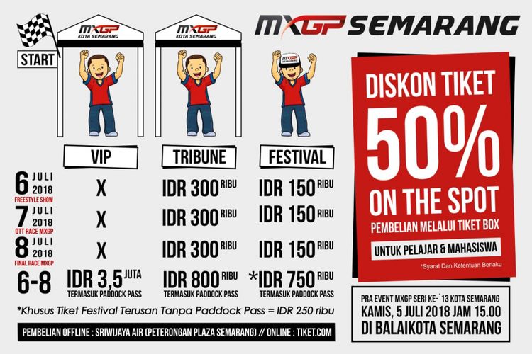 Pelajar dan mahasiswa bisa membeli tiket MXGP seri ke-13 di Kota Semarang dengan harga diskon di tiket box saat acara digelar pada 6 hingga 8 Juli 2018.
