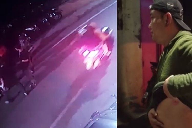 Rekaman CCTV saat Pelaku melakukan pembusuran (Kiri), Kahar korban pembusuran saat menunjukan luka di perutnya (Kanan)