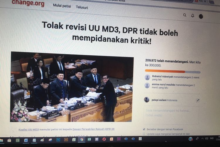 Penolakan publik atas UU MD3 melalui situs web Change.org terus berlanjut. Gambar diambil pada Sabtu (16/3/2018) pagi.