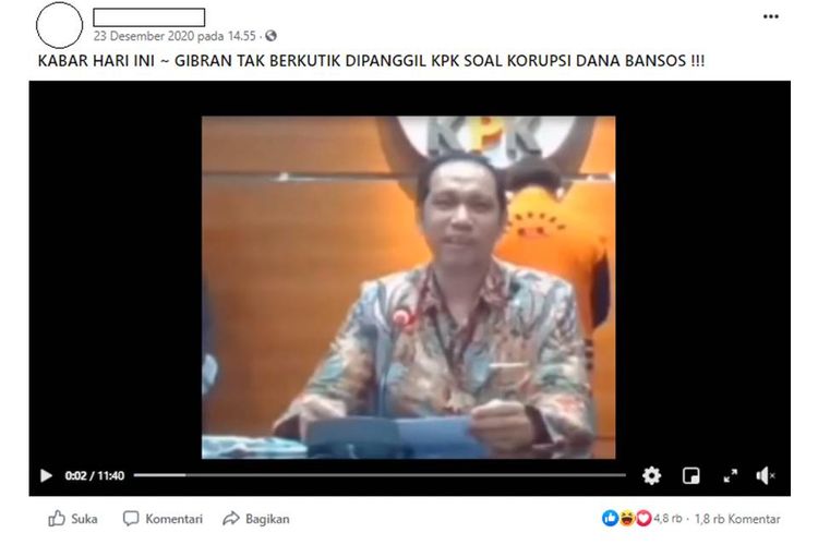 Tangkapan layar video dengan narasi Wali Kota Solo terpilih, Gibran Rakabuming Raka tidak berkutik dipanggil Komisi Pemberantasan Korupsi (KPK).