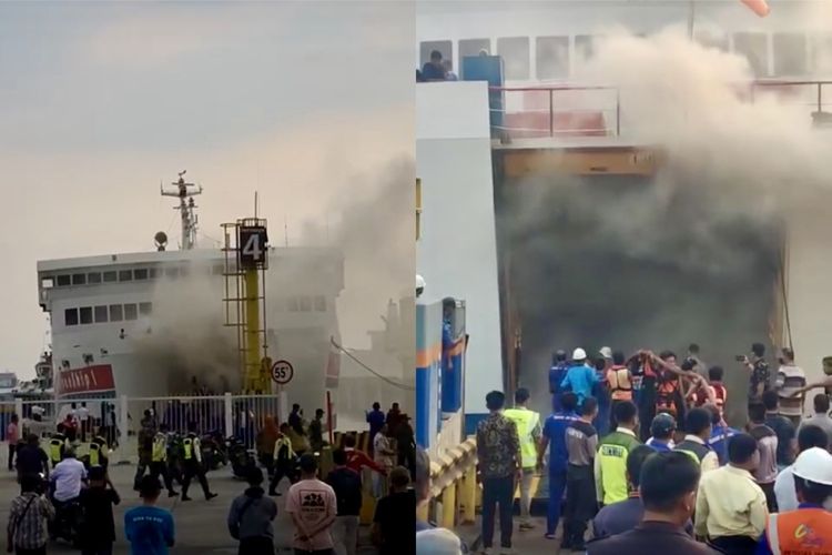 Kolase bidik layar video kapal ferry terbakar di Pelabuhan Bakauheni, Jumat (20/10/2023) sore.