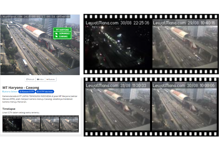 Tangkapan layar CCTV dari situs web Lewatmana.com, di Jalan MT Haryono menuju daerah Cawang. Tampak tidak ada pergerakan massa pada 30 Agustus sampai 1 September 2025 siang.