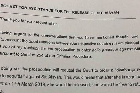 Ini Isi Surat Jaksa Agung Malaysia Terkait Bebasnya Siti Aisyah