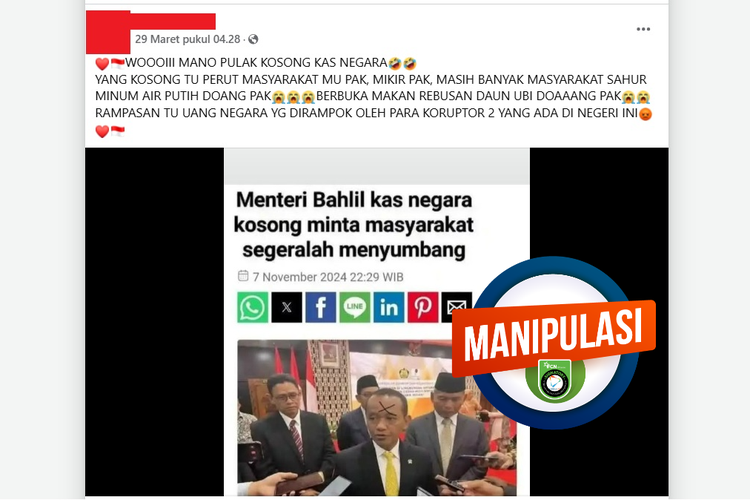 Tangkapan layar judul artikel yang mengeklaim Bahlil meminta masyarakat menyumbang pemerintah karena kas negara kosong